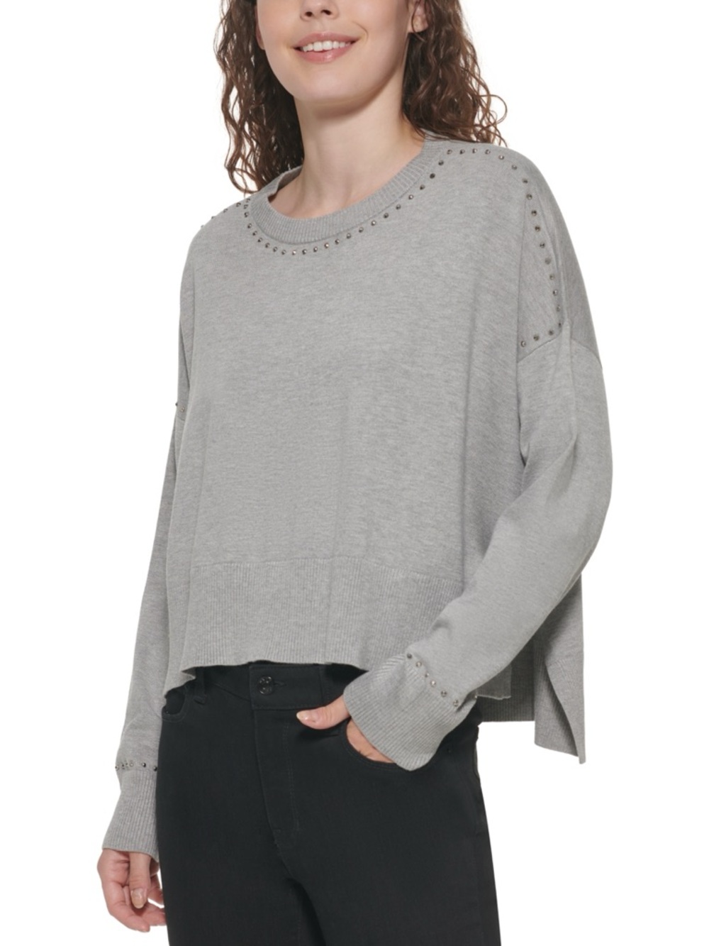 DKNY Studded Sweater Gray High Low Boxy Size Small